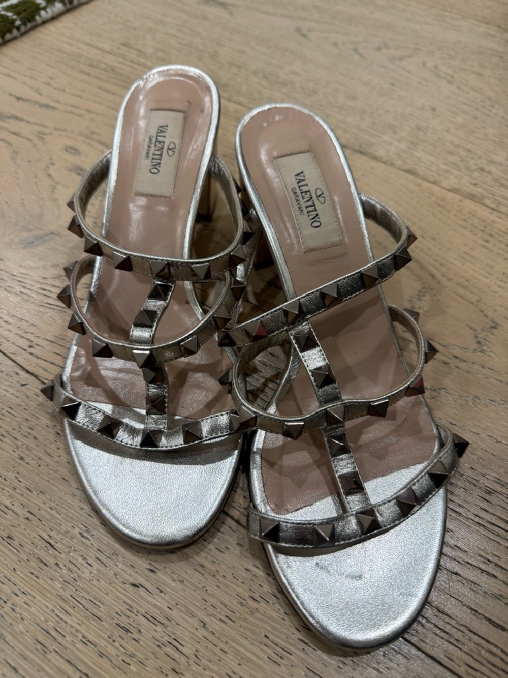 Valentino Garavani Silver Pyramid Rockstud Strappy Heels